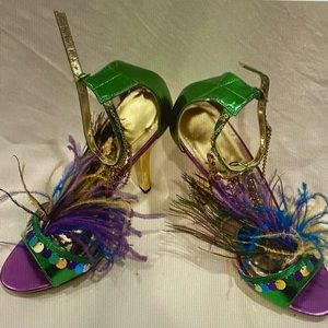 ELLIE Women Sequin Feather Beaded Spikes 5” Heel…. NEW SZ 8 Mardi Gras Fab